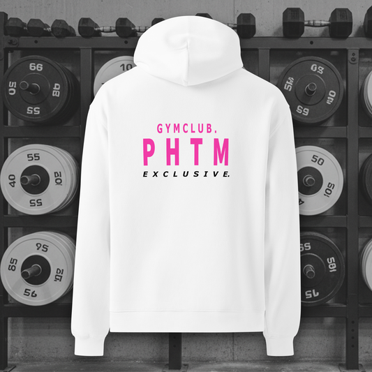 Women's - Premium Oversized Gym Club Hoodie - White & Hot Pink