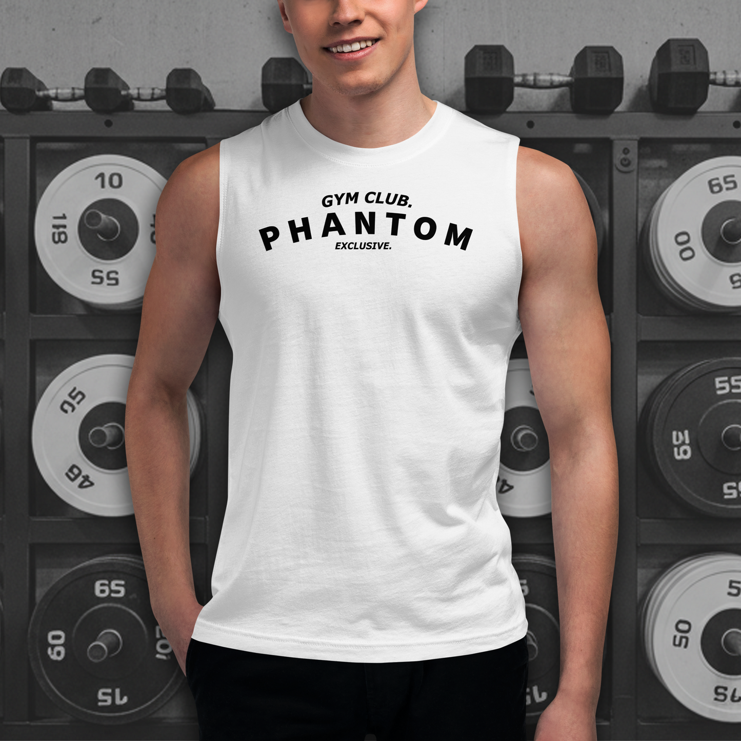 Muscle Fit Tank Top - Large Gym Club Text - White