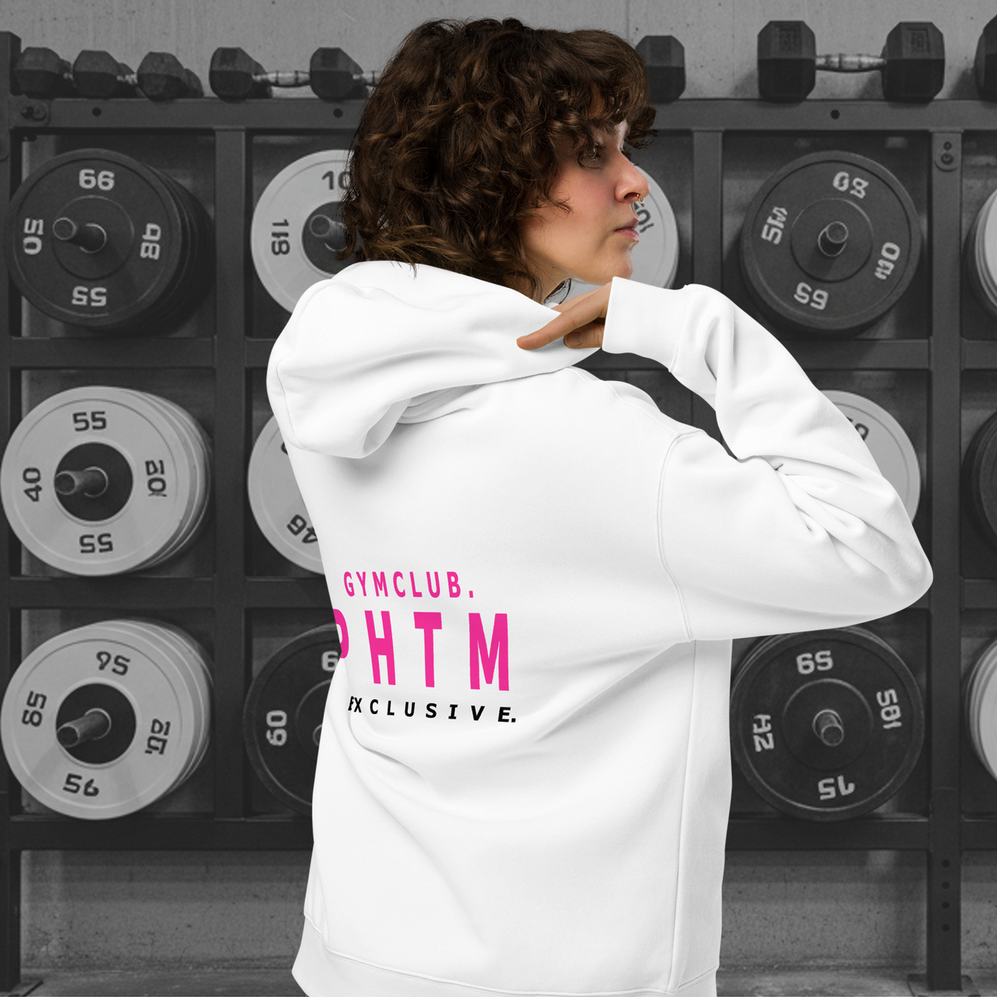Women's - Premium Oversized Gym Club Hoodie - White & Hot Pink