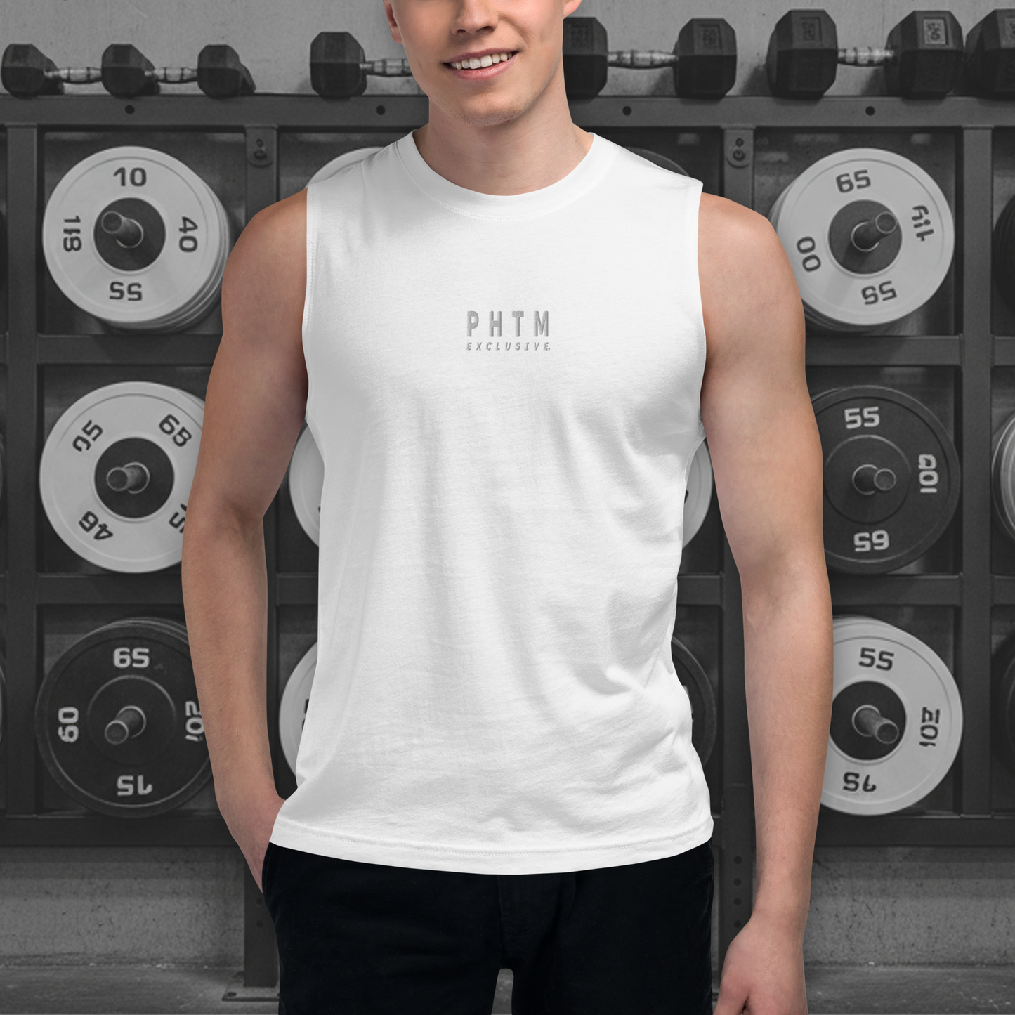 Muscle Fit Tank Top - Light Grey Embroidery