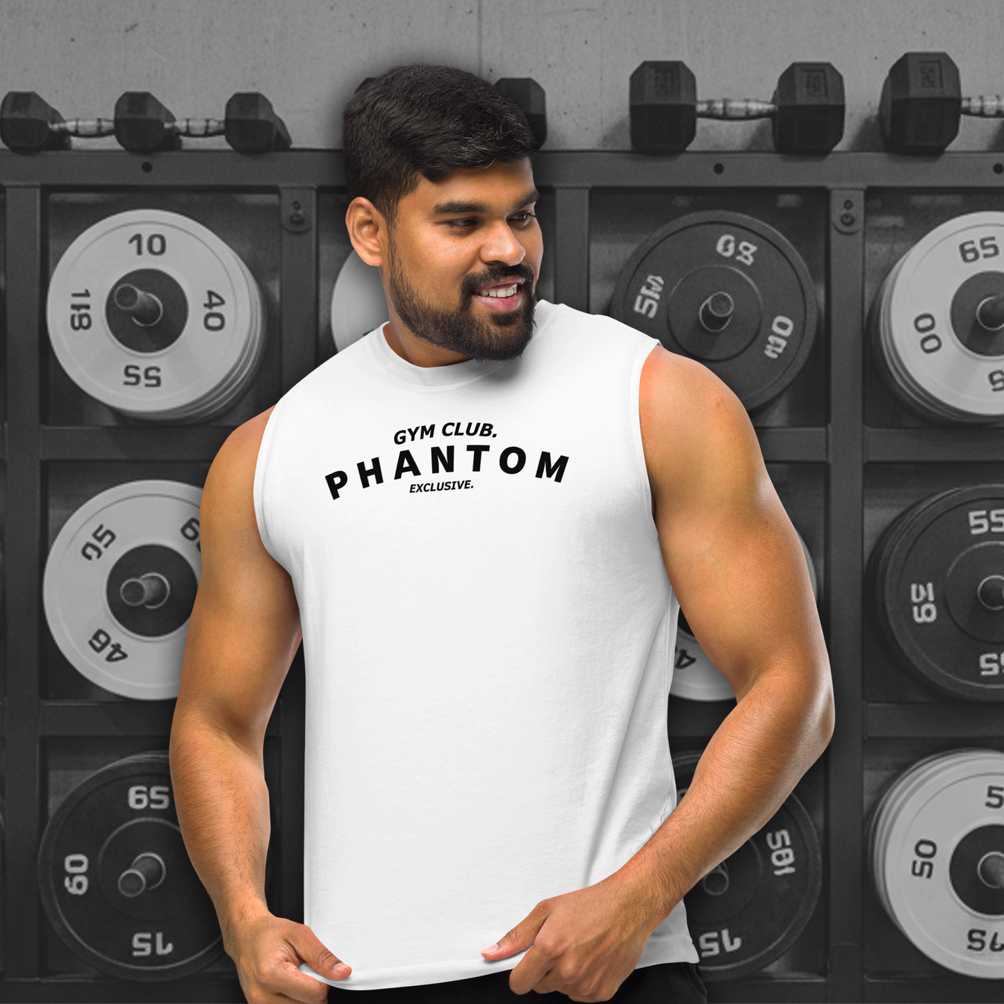 Muscle Fit Tank Top - Large Gym Club Text - White