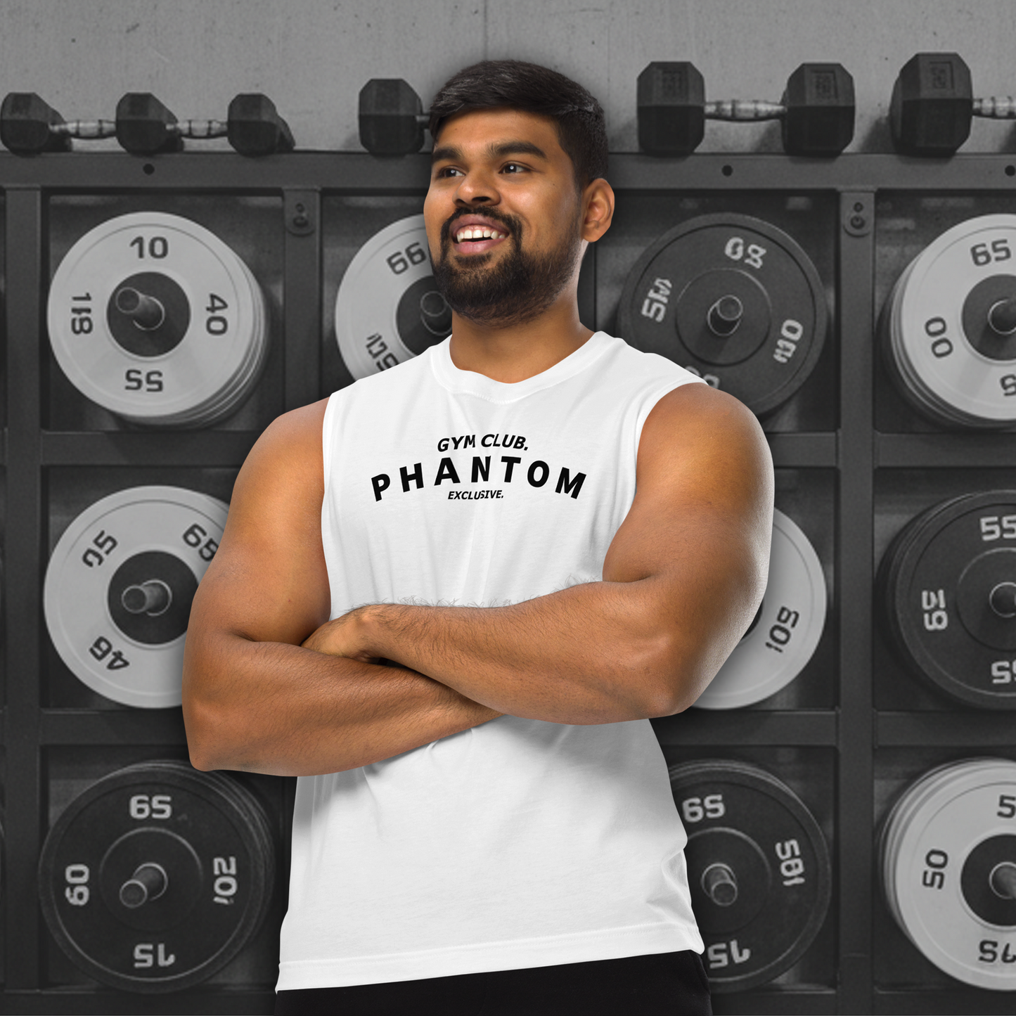 Muscle Fit Tank Top - Large Gym Club Text - White