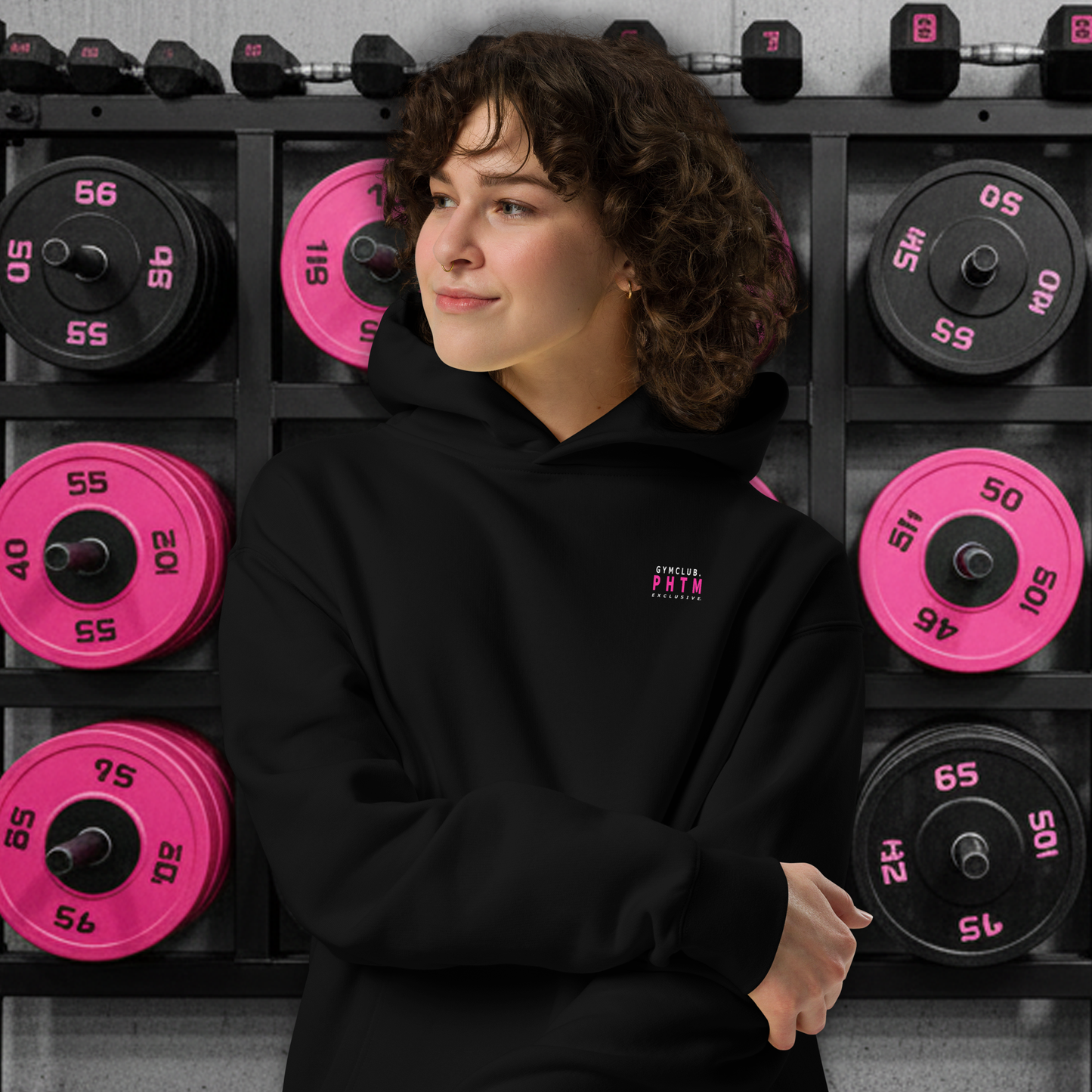 Women's - Oversized Cotton Hoodie - Black & Pink