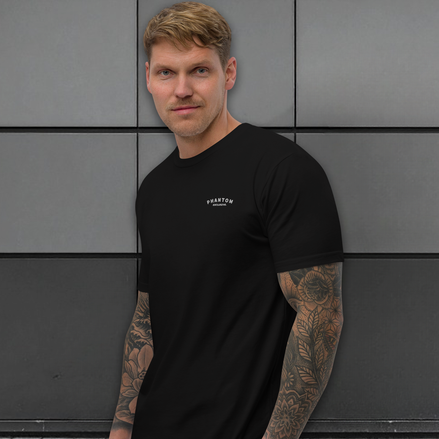 Mens Premium Fitted T Shirt  - Black & White Embroidery