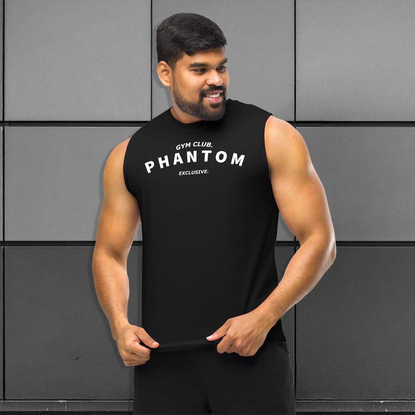 Muscle Fit Tank Top - Large Gym Club Text - Black & White